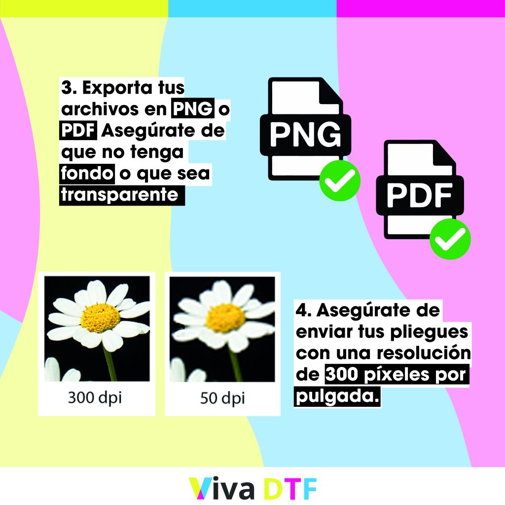 Ejemplo de maquetación de diseños DTF. Exporta tus archivos en PNG o PDF. Asegúrate de que no tenga fondo o que sea transparente
Asegúrate de enviar tus pliegues con una resolución de 300 píxeles por pulgada
¿Cómo maquetar archivos para DTF? Viva DTF venta de transfer DTF por metros