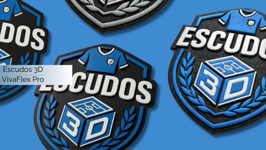 Escudos 3D VivaFlex Pro con relieve premium para personalización de equipaciones deportivas y uniformes textiles.