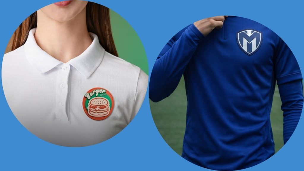 Escudos 3D VivaFlex aplicados en uniforme corporativo y camiseta deportiva mostrando relieve y acabado profesional
