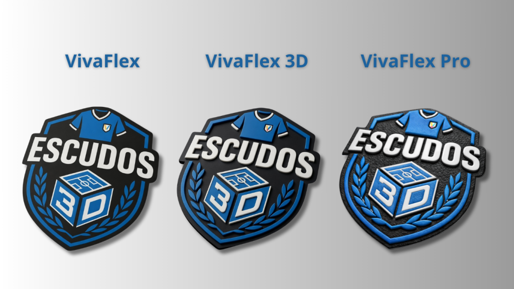 Comparativa de escudos 3D VivaFlex, VivaFlex 3D y VivaFlex Pro para personalización textil con diferentes niveles de relieve.