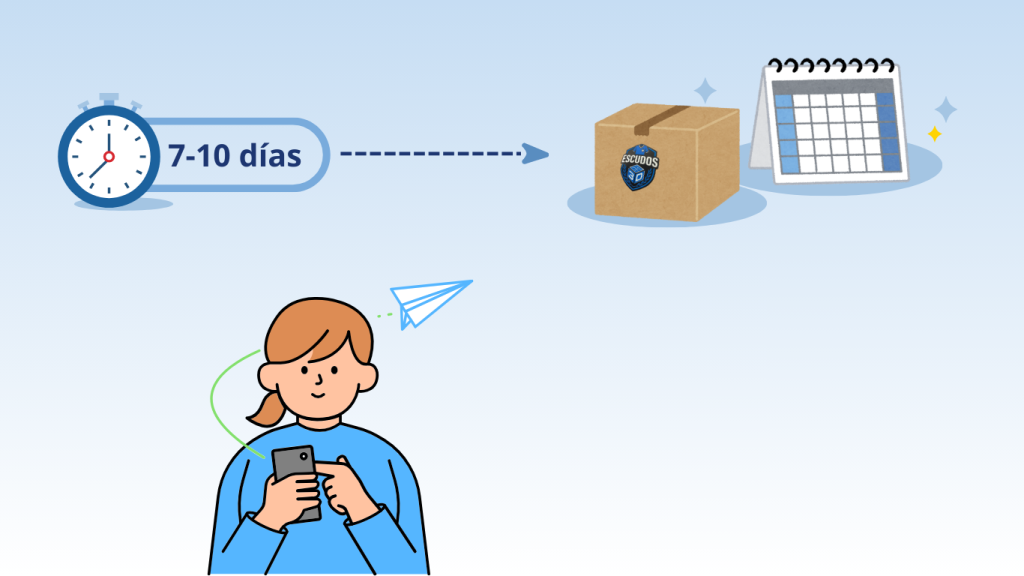 Tiempo de producción de escudos 3D personalizados con entrega estimada de 7 a 10 días para proyectos de personalización textil.