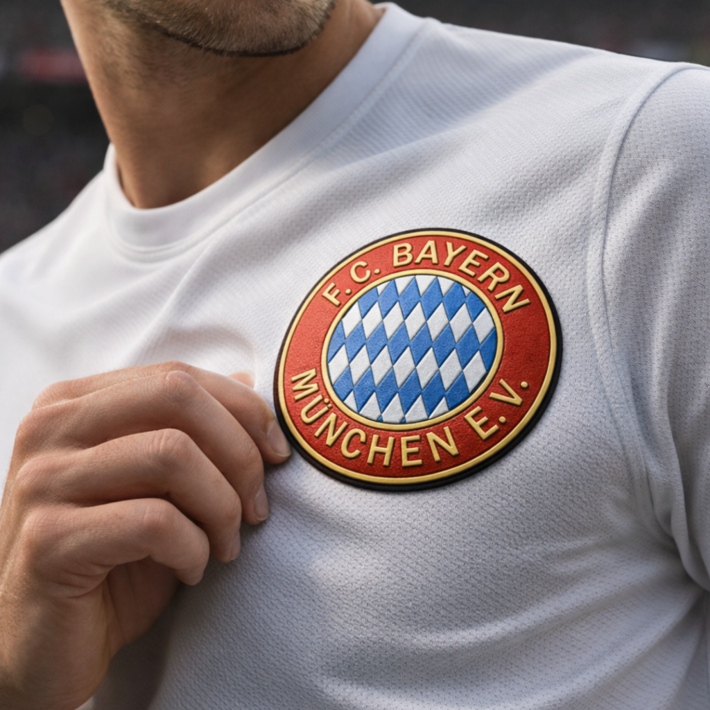 Escudo 3D en relieve aplicado en camiseta de fútbol profesional para equipaciones deportivas de alta calidad.